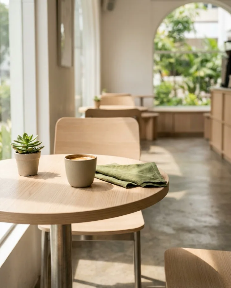 A round pale wood cafe table by a window, with a coffee and a small plant