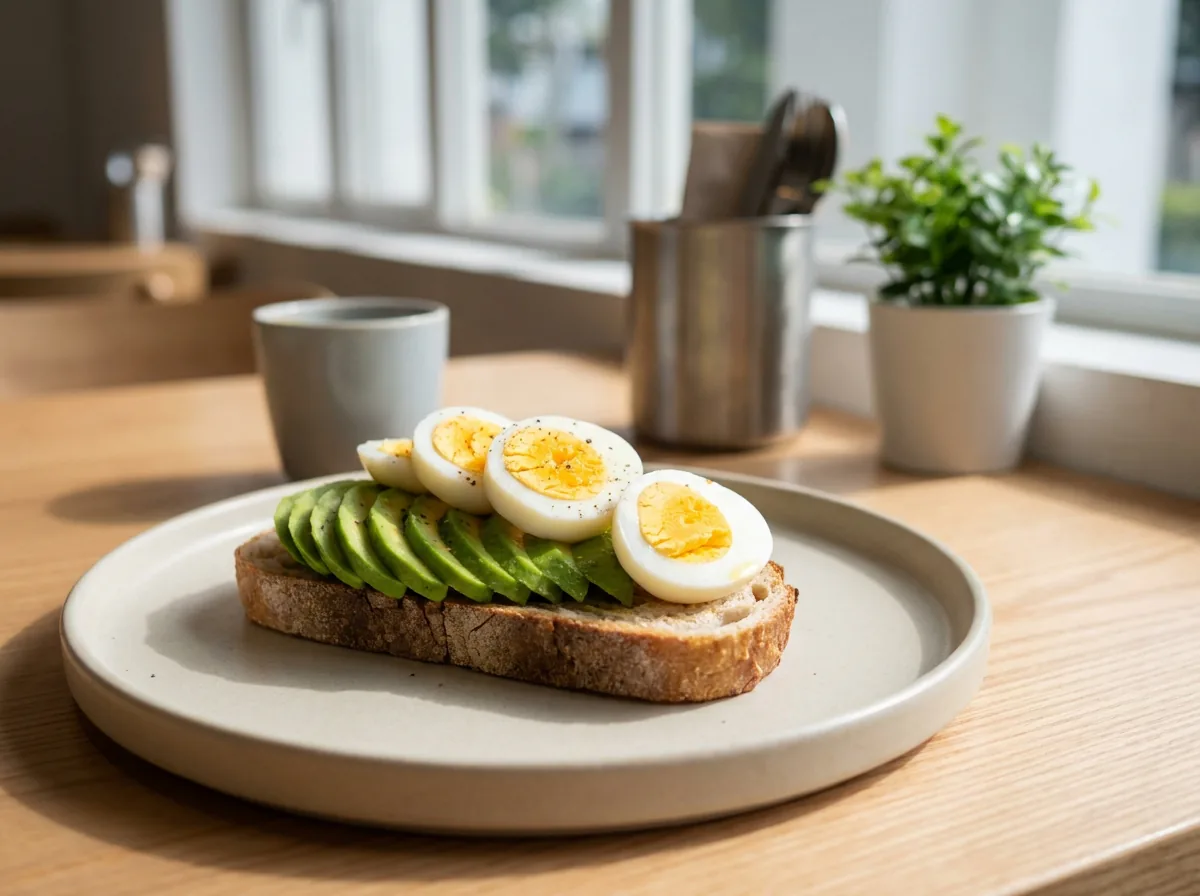 Sourdough toast topped with sliced avocado and halved hard-boiled egg