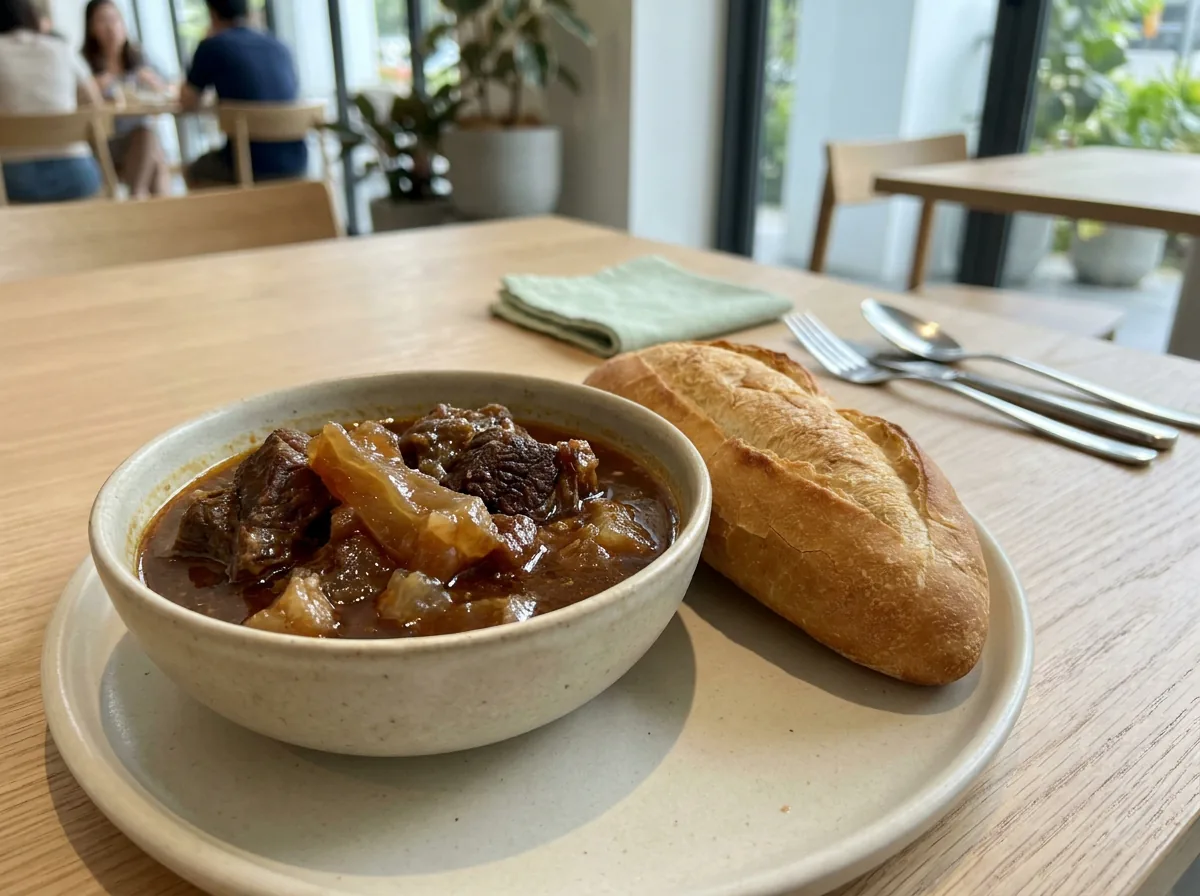 Bánh mì sốt vang — a bowl of stewed beef and tendon in its sauce, served with a baguette