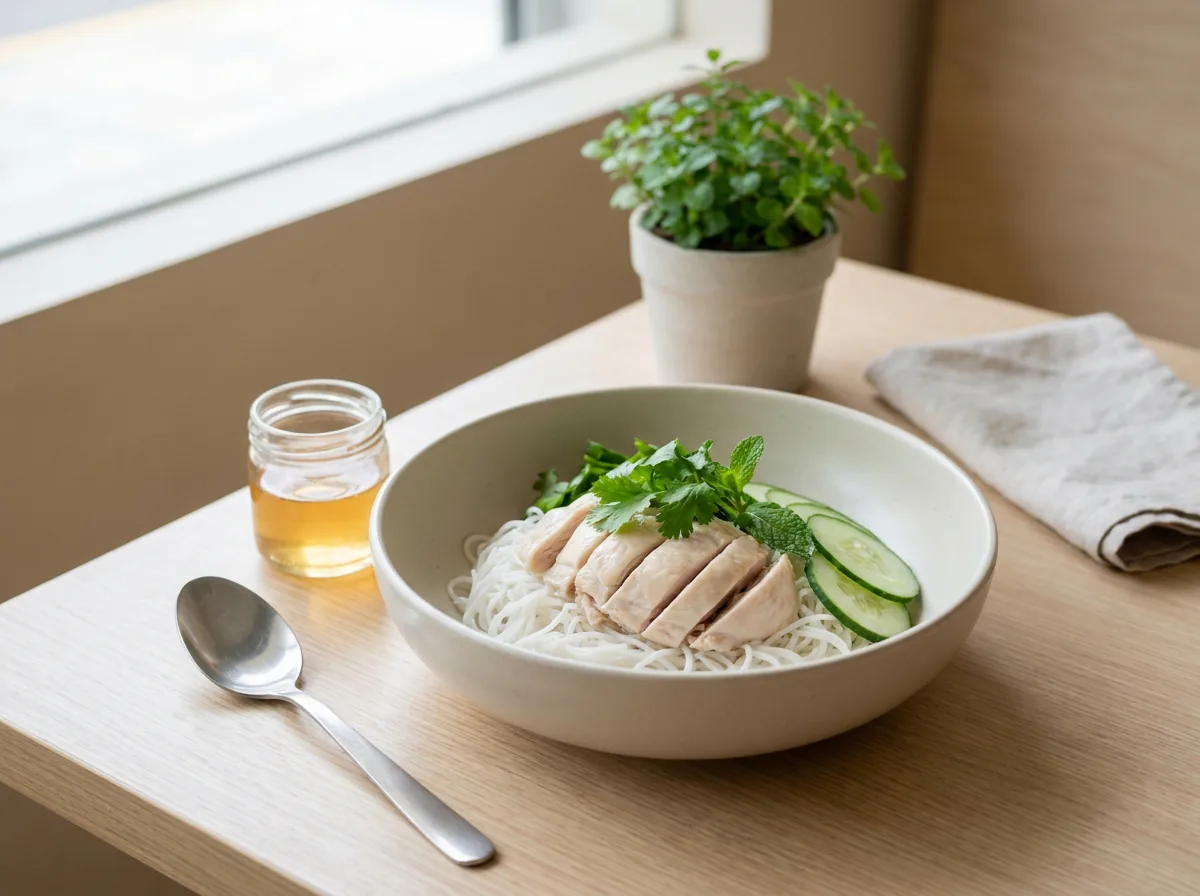Bún gà trộn — rice vermicelli with sliced steamed chicken, cucumber and fresh herbs