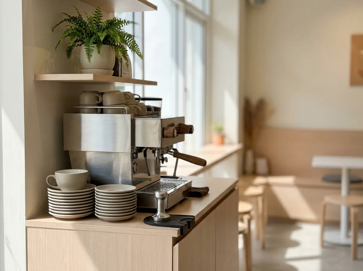 A barista station with an espresso machine, tamper and stacked cups