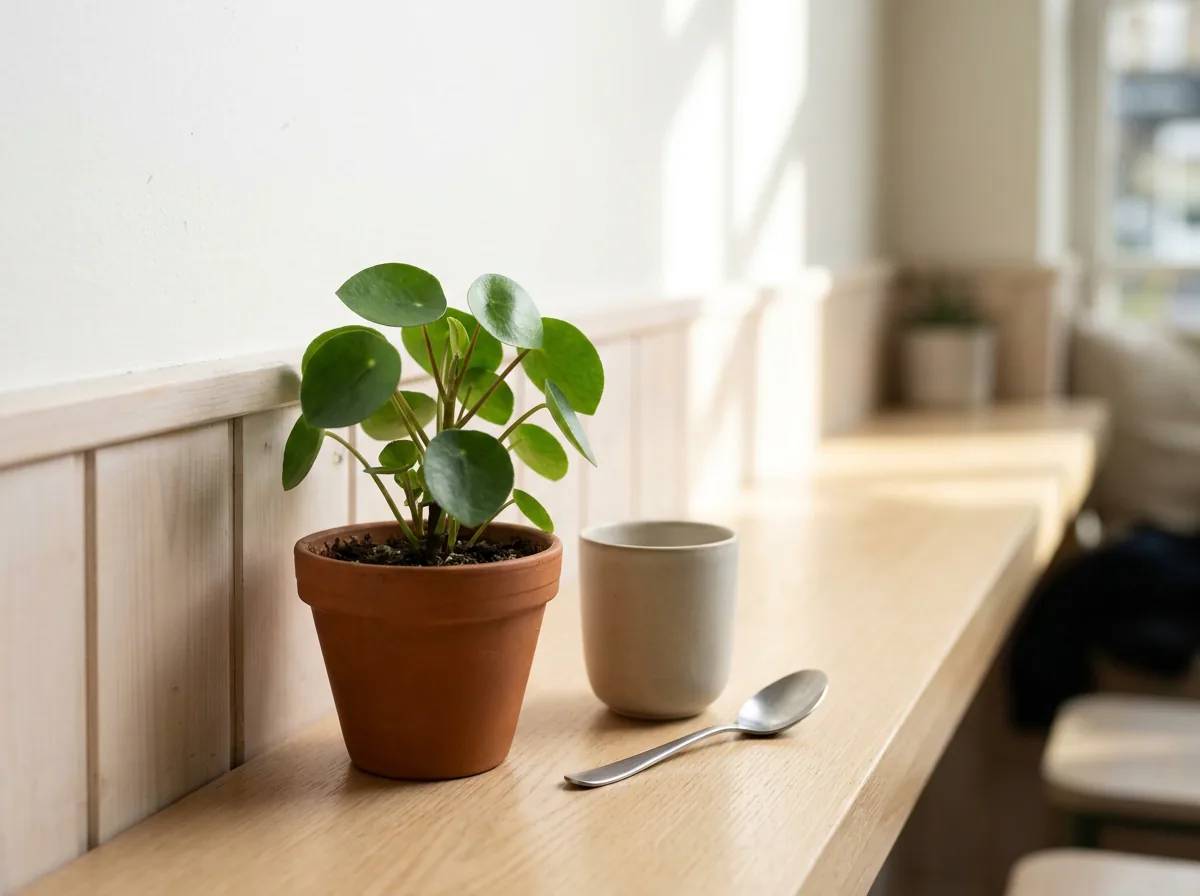 A small potted plant and a ceramic cup on a sunlit wooden counter
