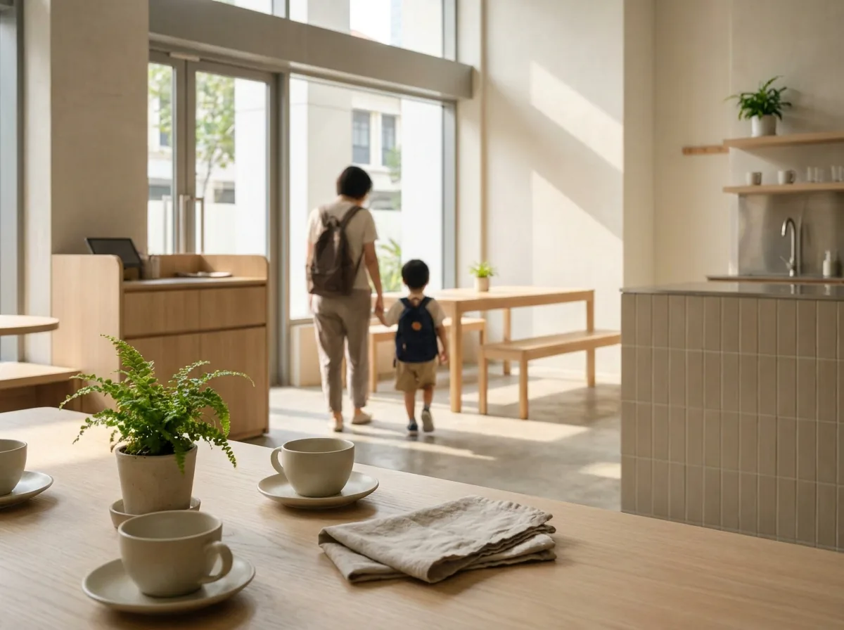 A parent and small child walking together through a bright cafe, seen from behind