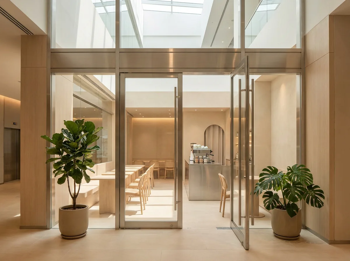 The glass entrance of a cafe unit inside a bright building, with plants either side
